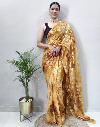 Golden Chiffon Embroidery Pre-draped Saree | Sudathi