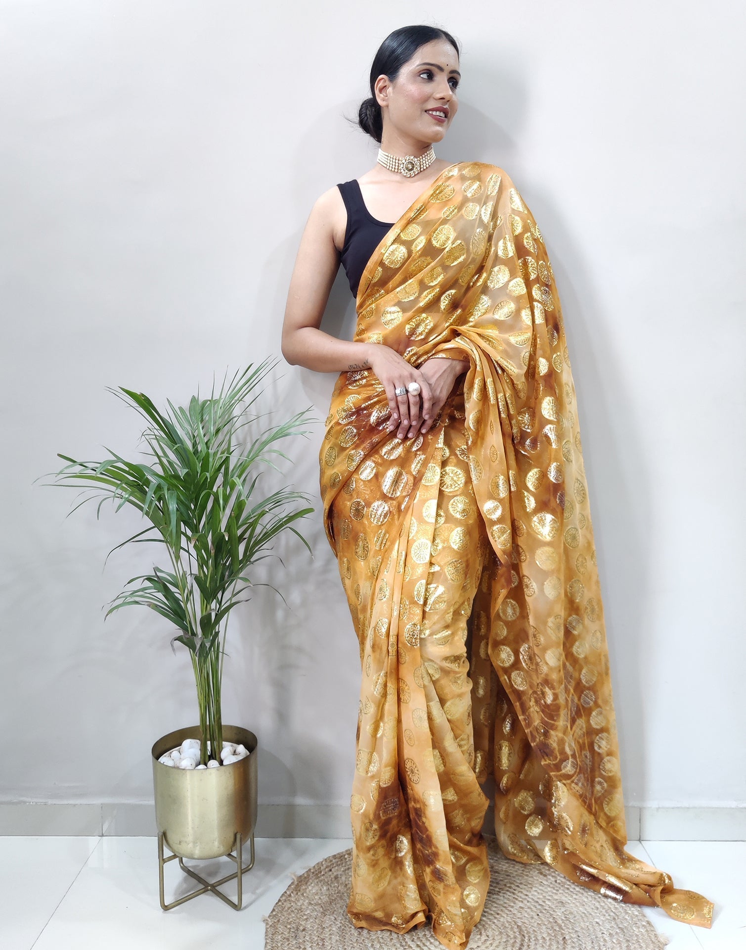 Golden Chiffon Embroidery Pre-draped Saree | Sudathi