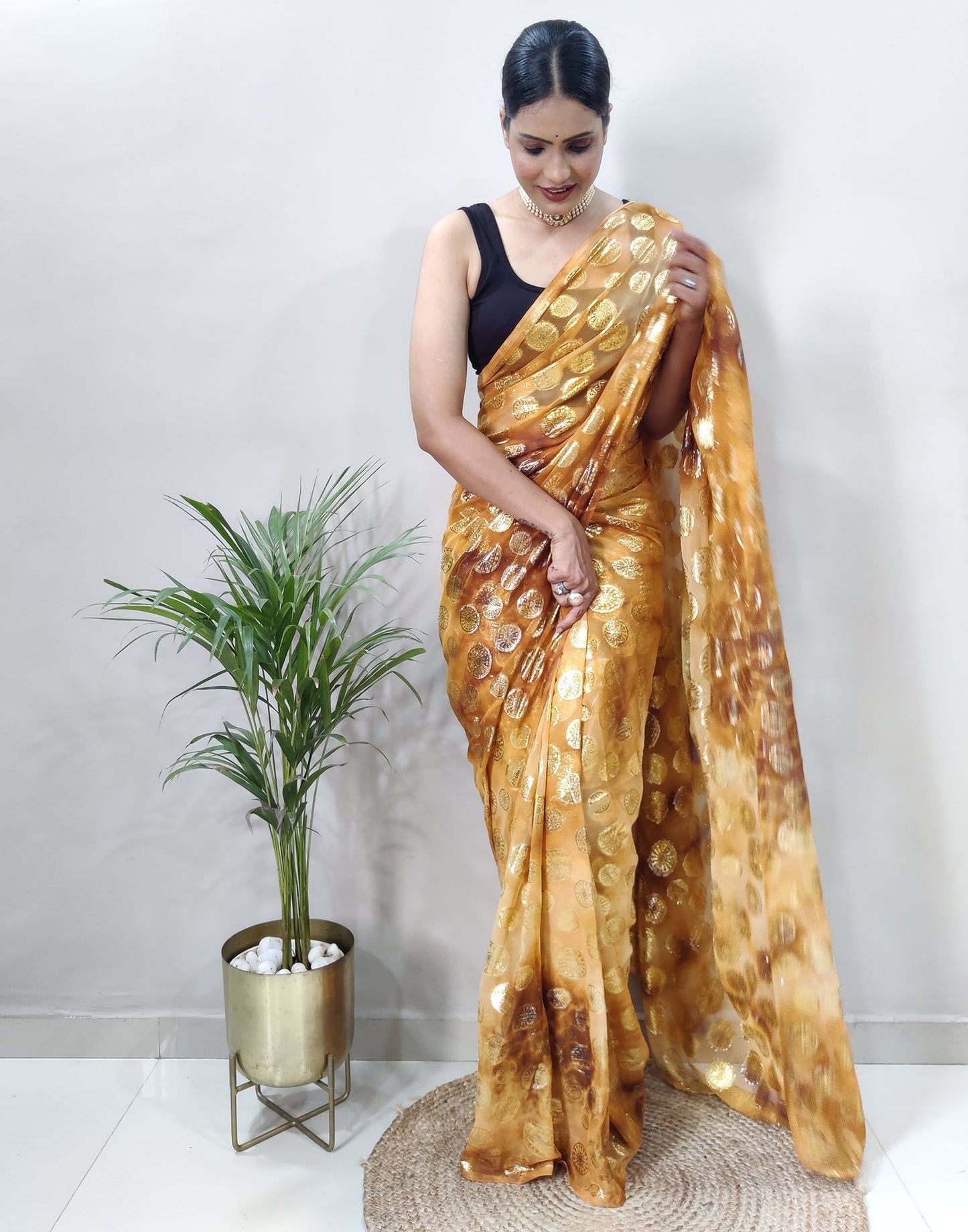 Golden Chiffon Embroidery Pre-draped Saree | Sudathi