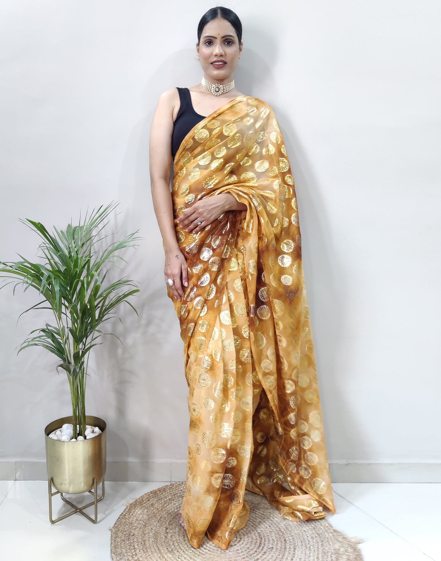 Golden Chiffon Embroidery Pre-draped Saree | Sudathi