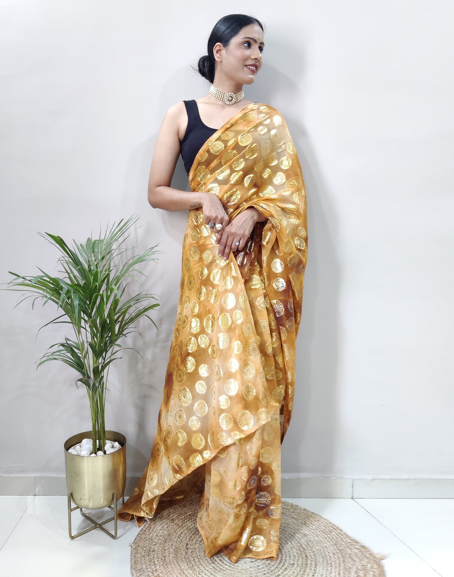 Golden Chiffon Embroidery Pre-draped Saree | Sudathi