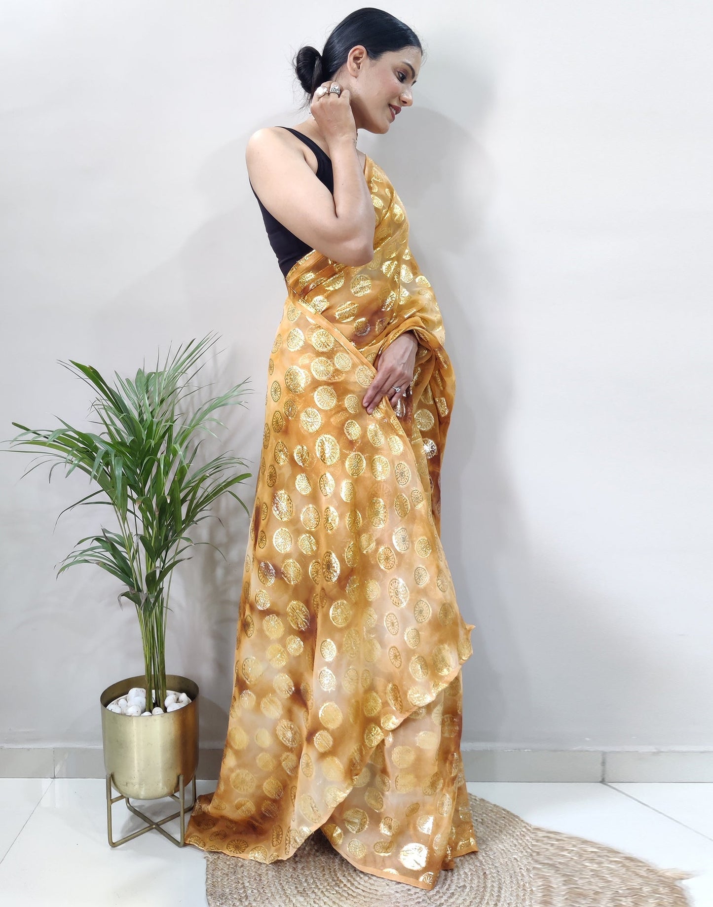 Golden Chiffon Embroidery Pre-draped Saree | Sudathi