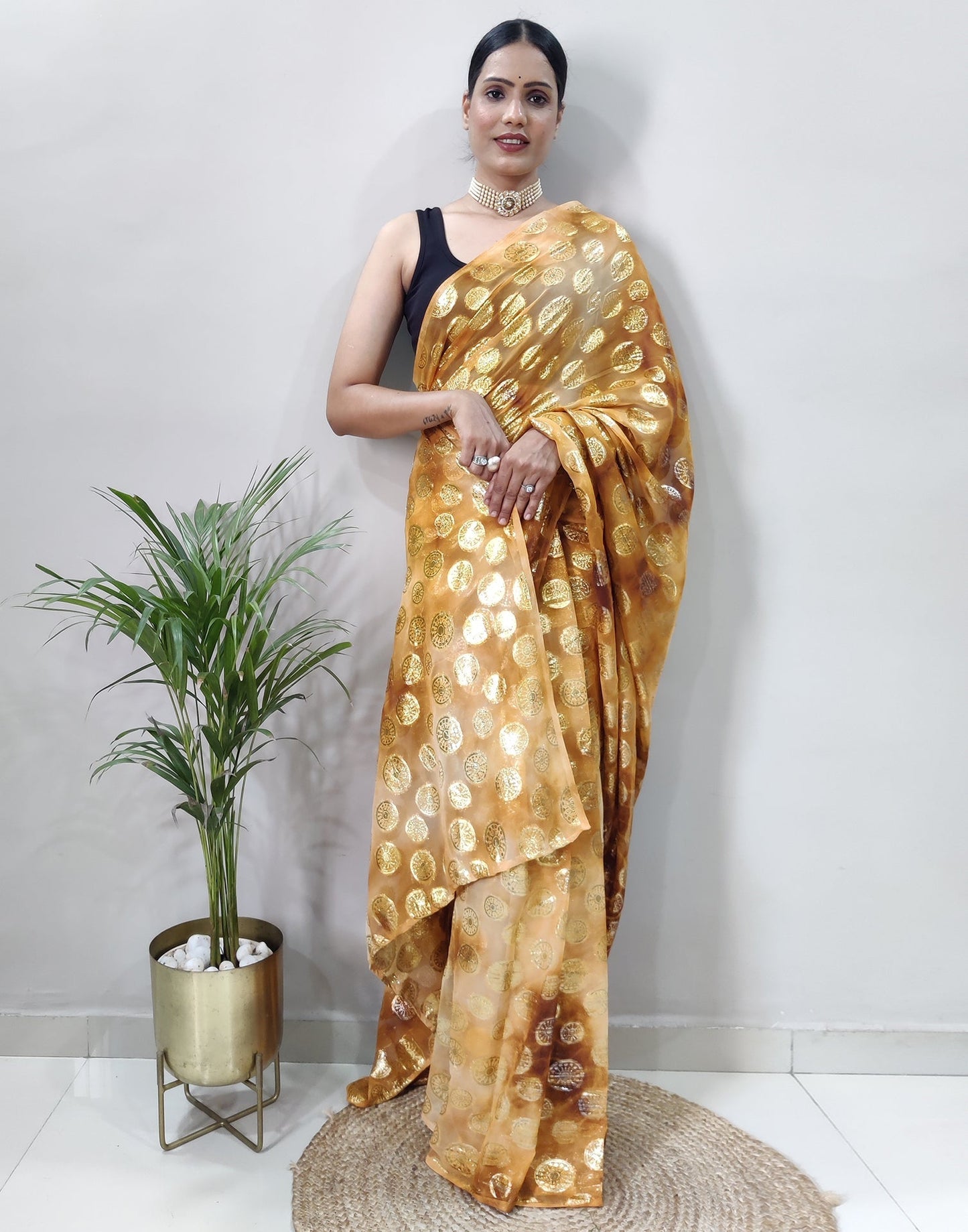 Golden Chiffon Embroidery Pre-draped Saree | Sudathi