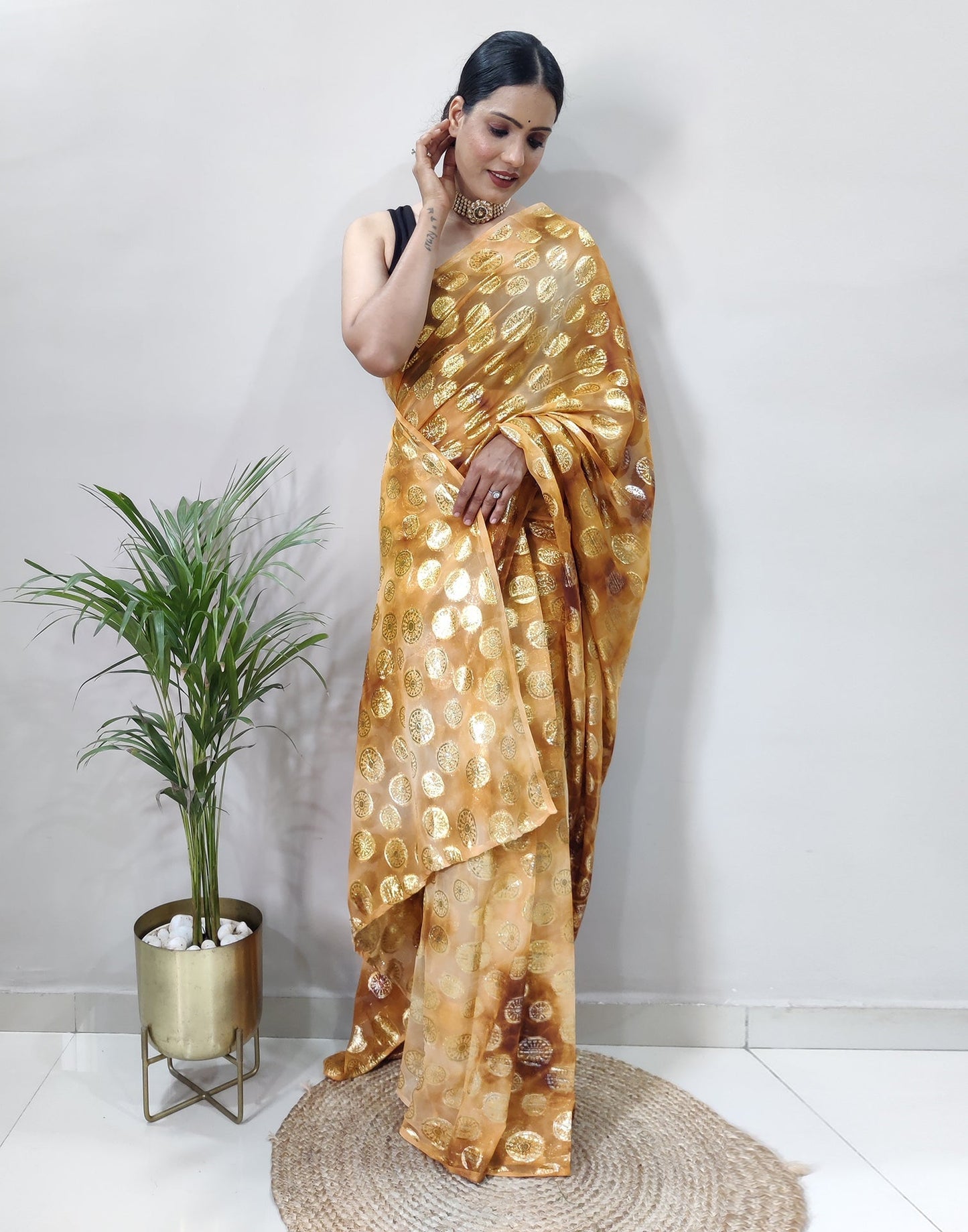 Golden Chiffon Embroidery Pre-draped Saree | Sudathi