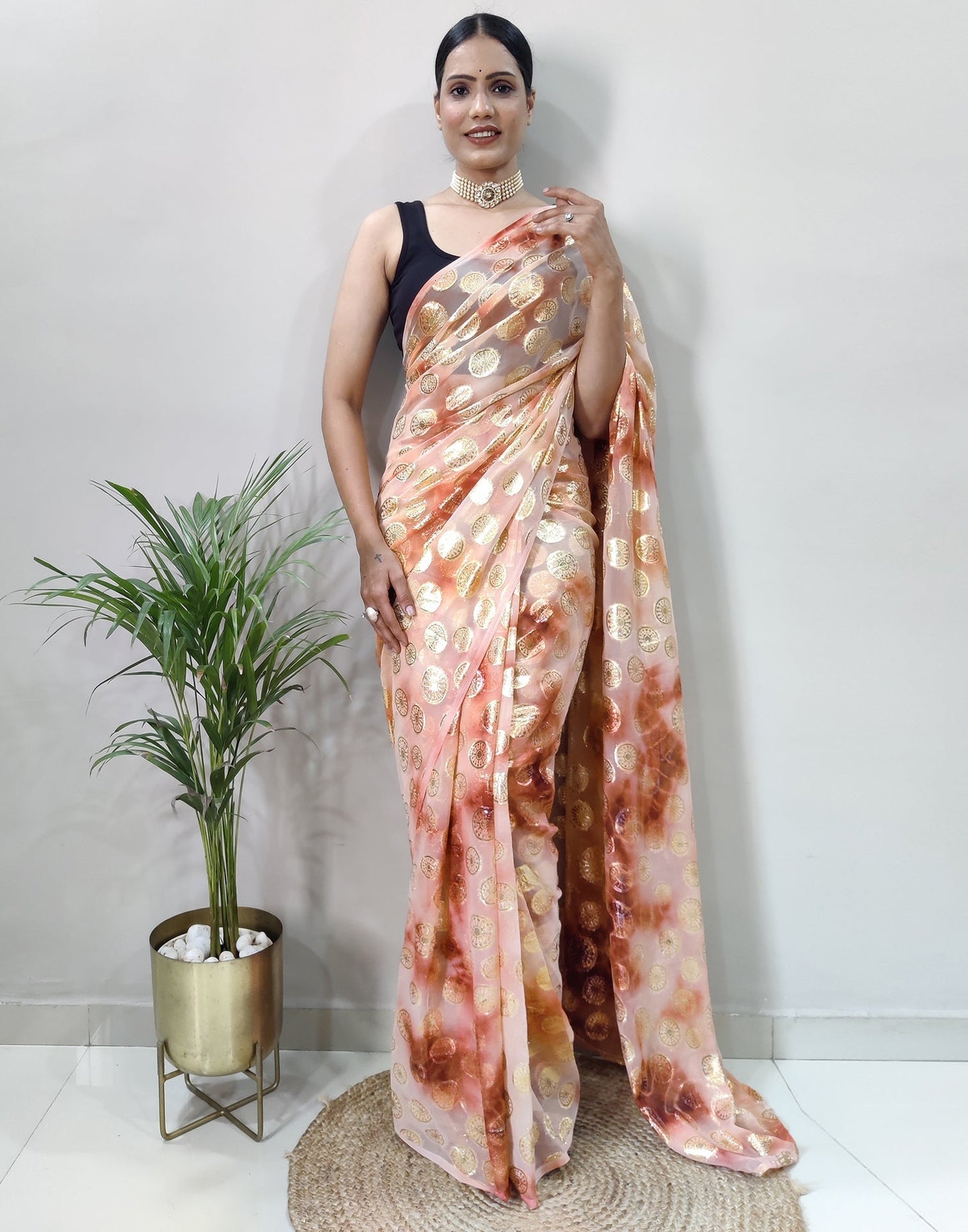 Light Pink Chiffon Embroidery Pre-draped Saree | Sudathi