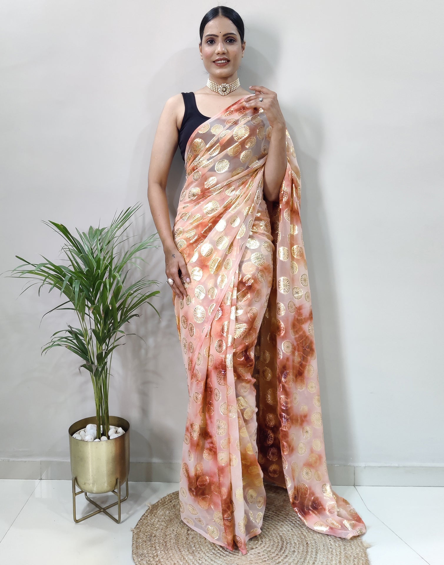 Light Pink Chiffon Embroidery Pre-draped Saree | Sudathi