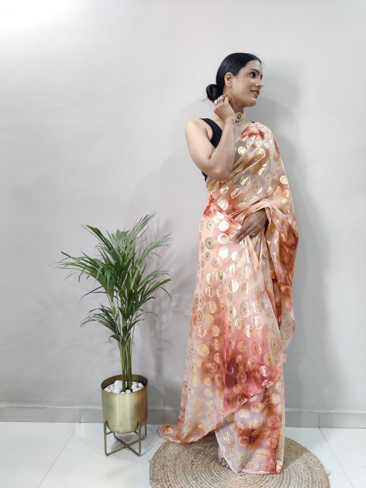 Light Pink Chiffon Embroidery Pre-draped Saree | Sudathi