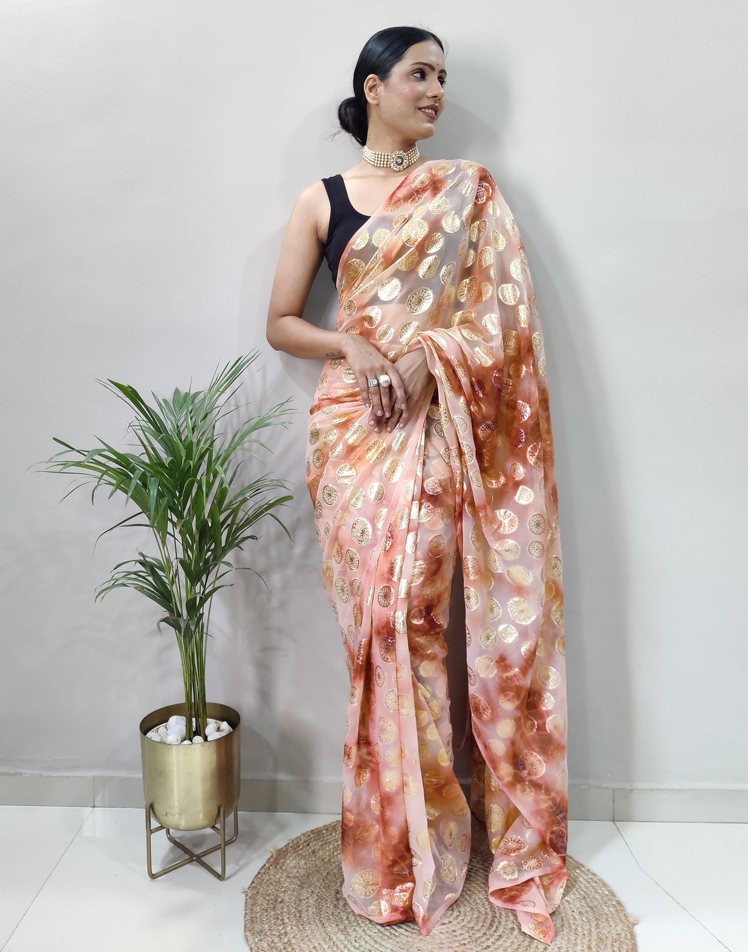 Light Pink Chiffon Embroidery Pre-draped Saree | Sudathi