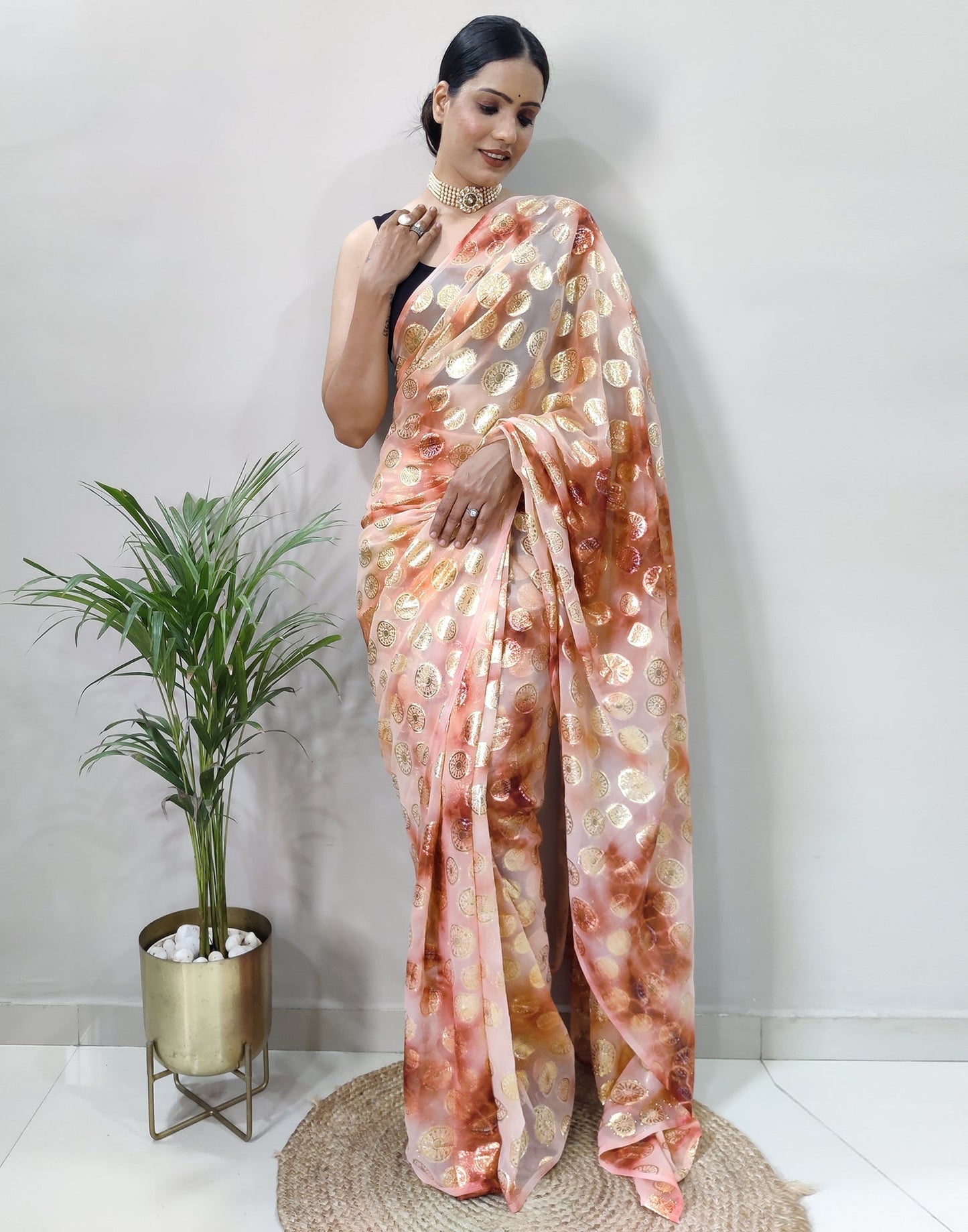 Light Pink Chiffon Embroidery Pre-draped Saree | Sudathi