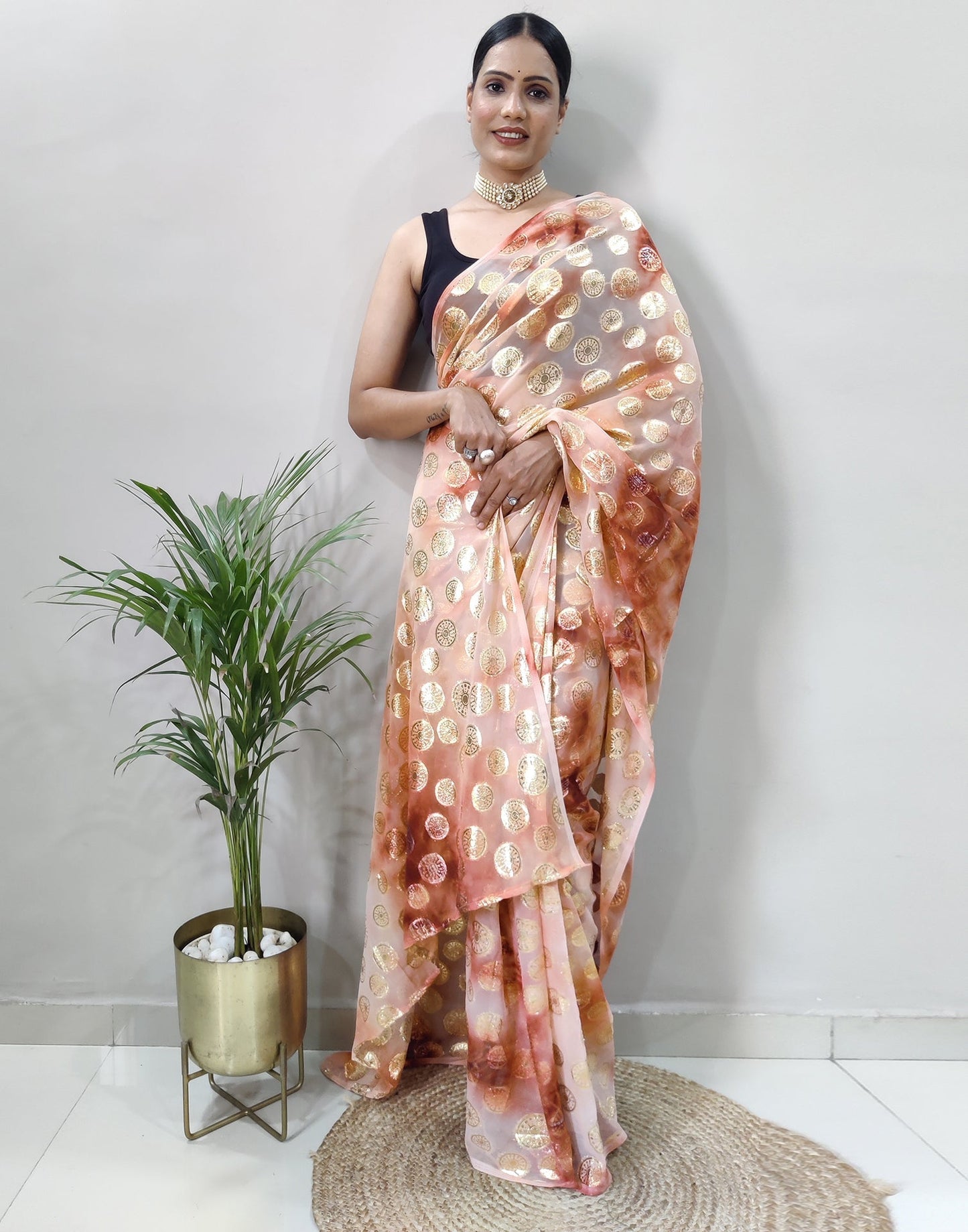 Light Pink Chiffon Embroidery Pre-draped Saree | Sudathi