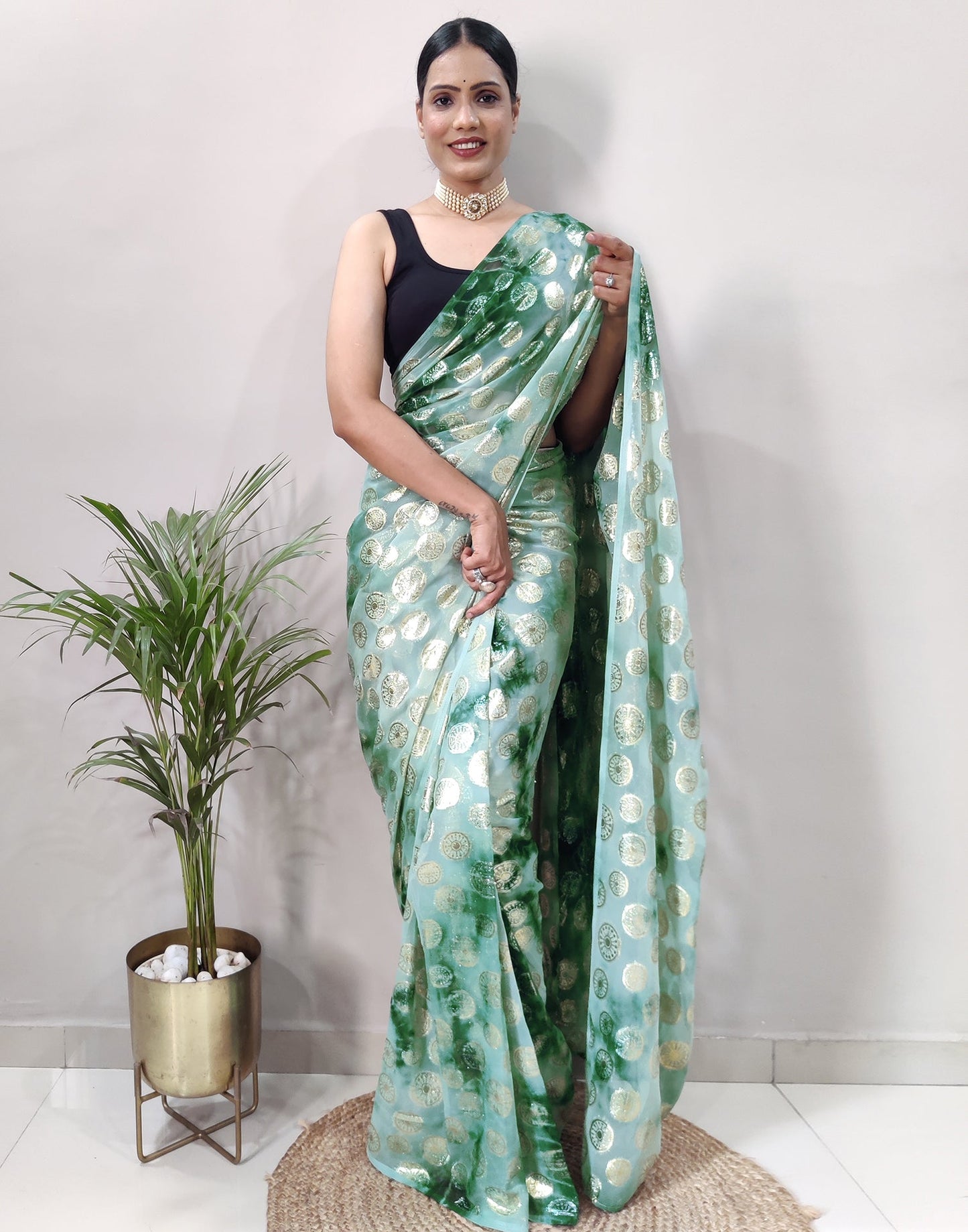 Ready to Wear Green Chiffon Printed Saree