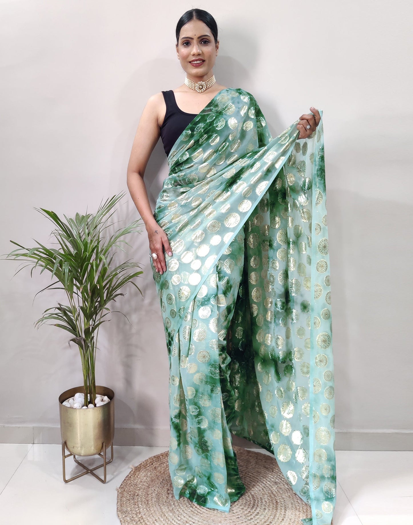 Ready to Wear Green Chiffon Printed Saree
