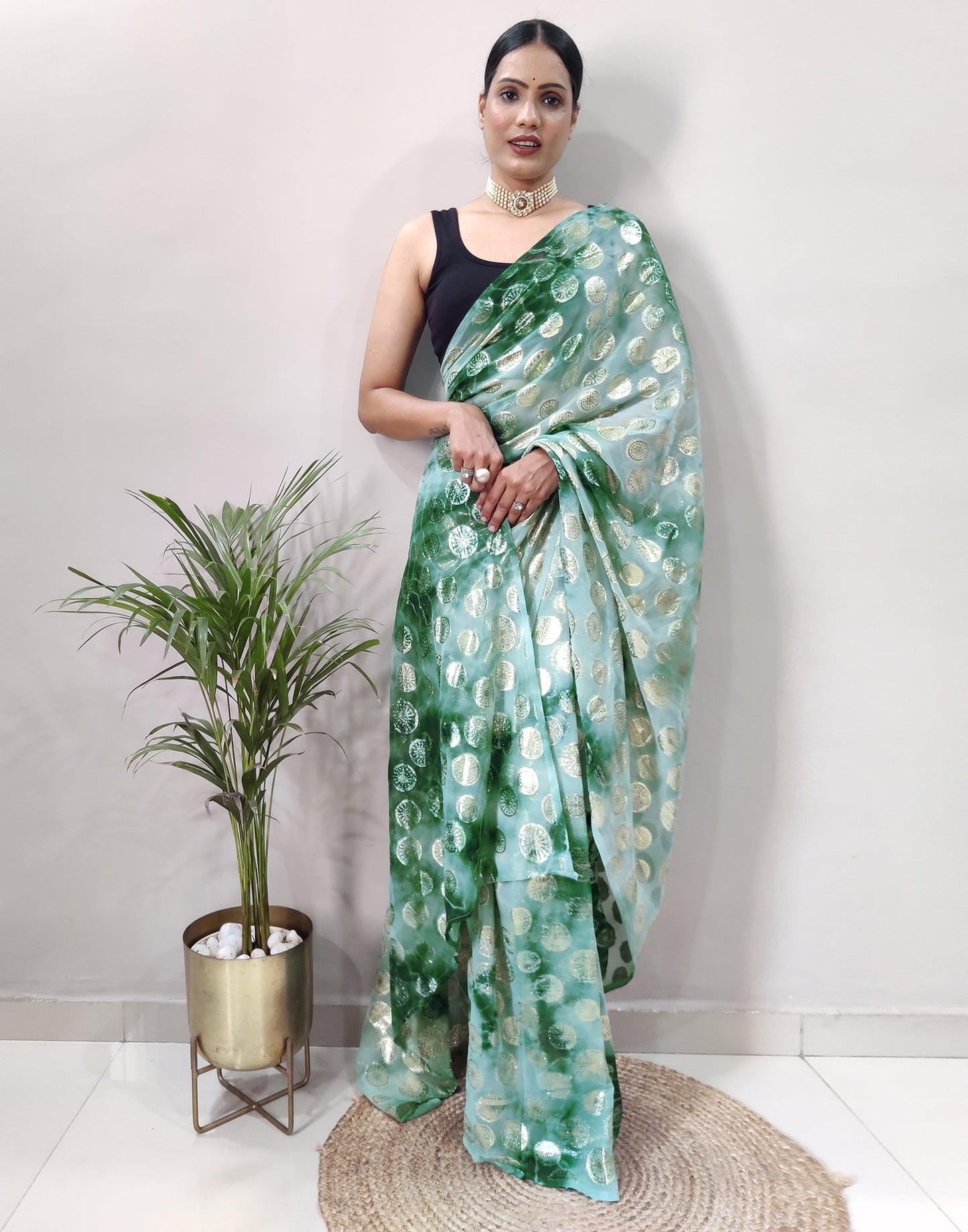 Ready to Wear Green Chiffon Printed Saree