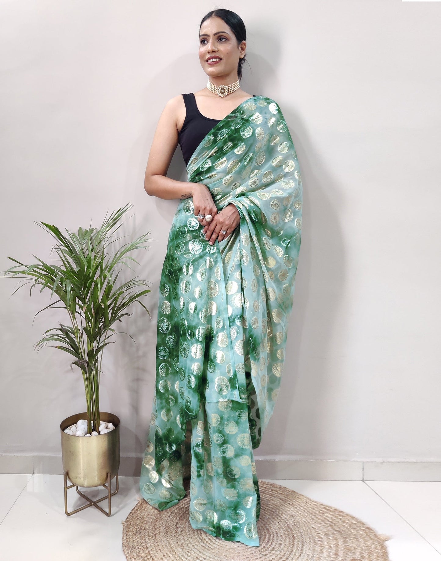 Ready to Wear Green Chiffon Printed Saree
