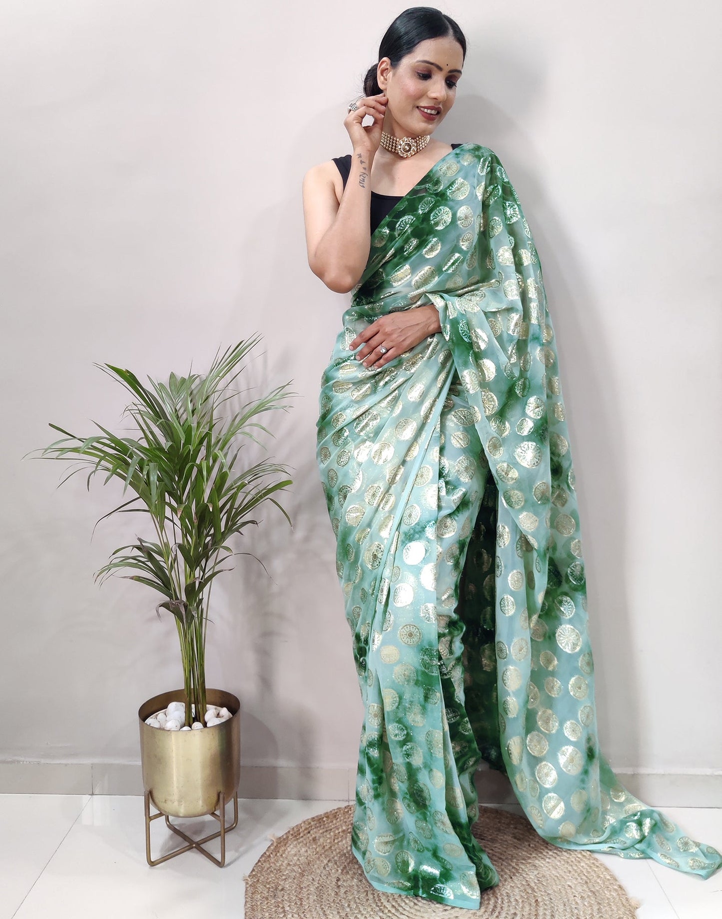 Ready to Wear Green Chiffon Printed Saree