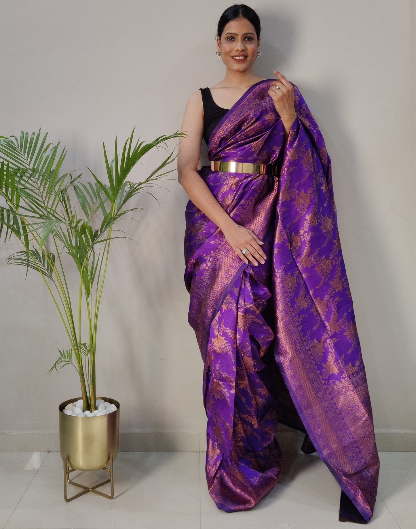 Violet Silk Banarasi Weaving Pre-draped Saree | Sudathi