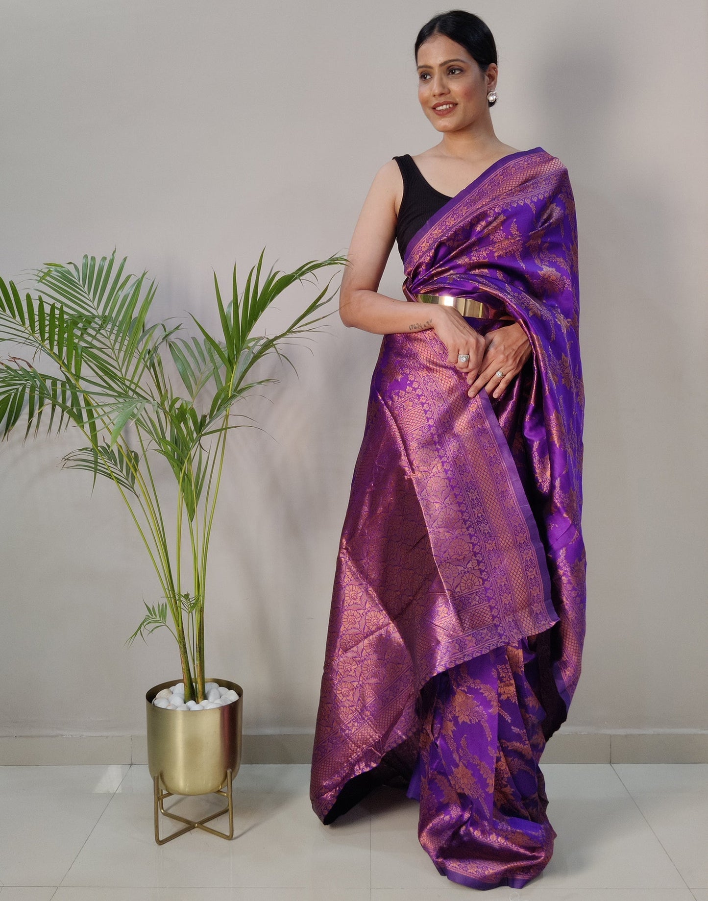 Violet Silk Banarasi Weaving Pre-draped Saree | Sudathi
