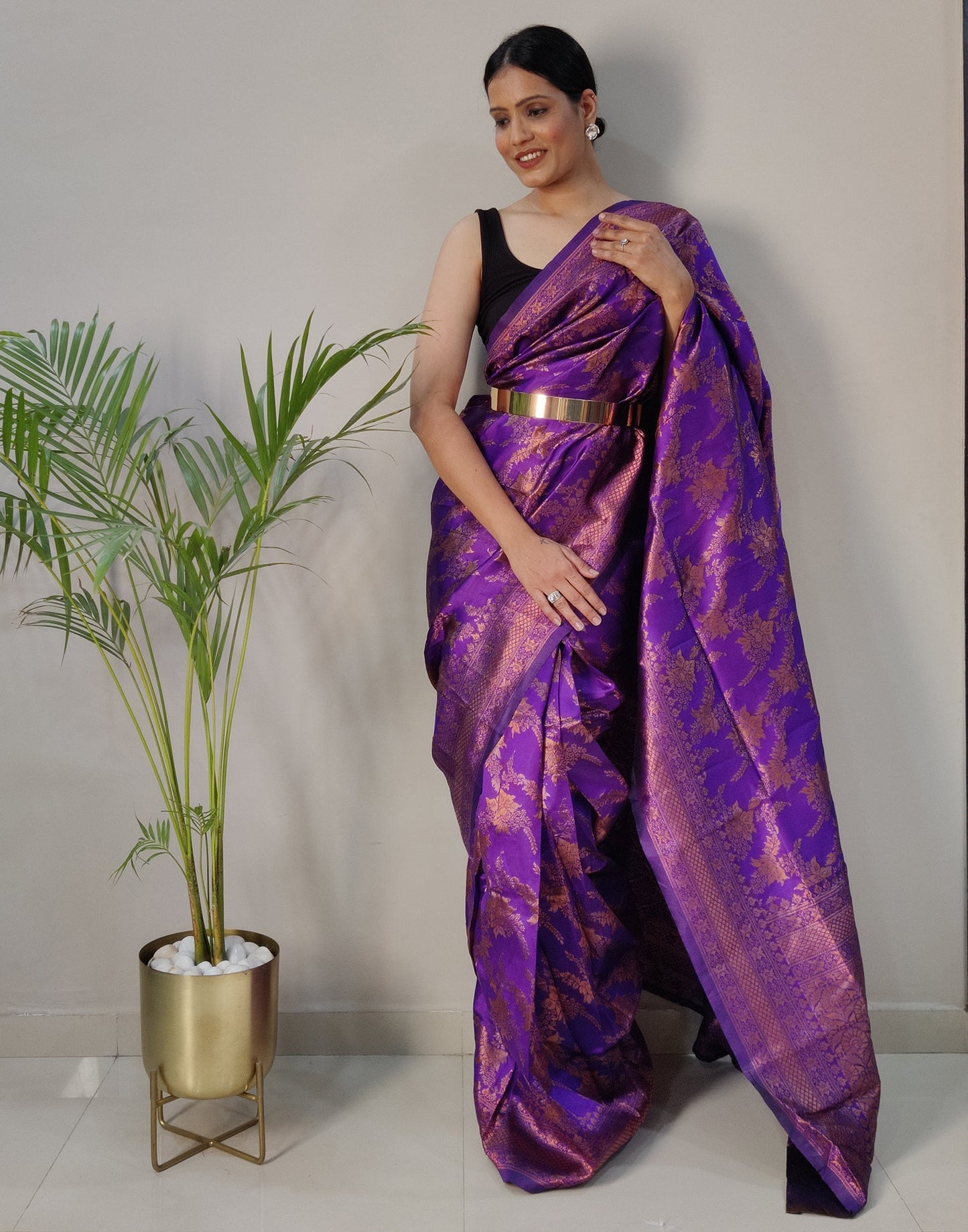 Violet Silk Banarasi Weaving Pre-draped Saree | Sudathi