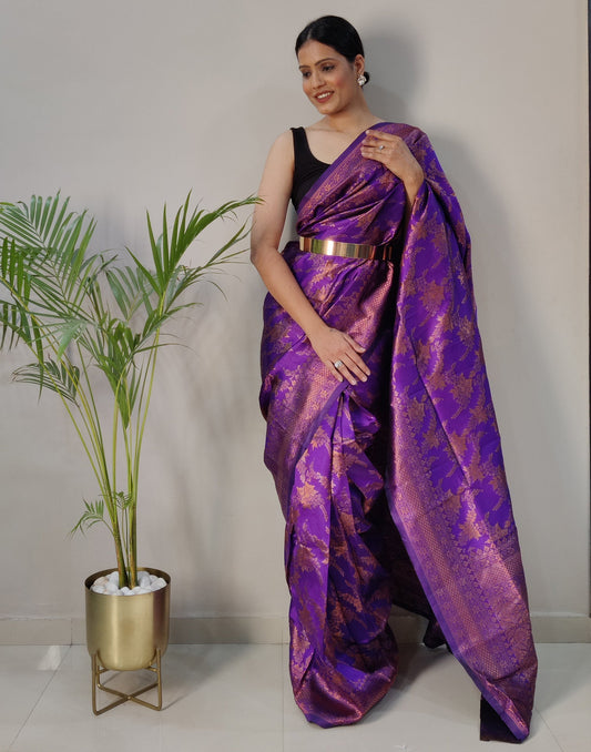 Violet Silk Banarasi Weaving Pre-draped Saree | Sudathi