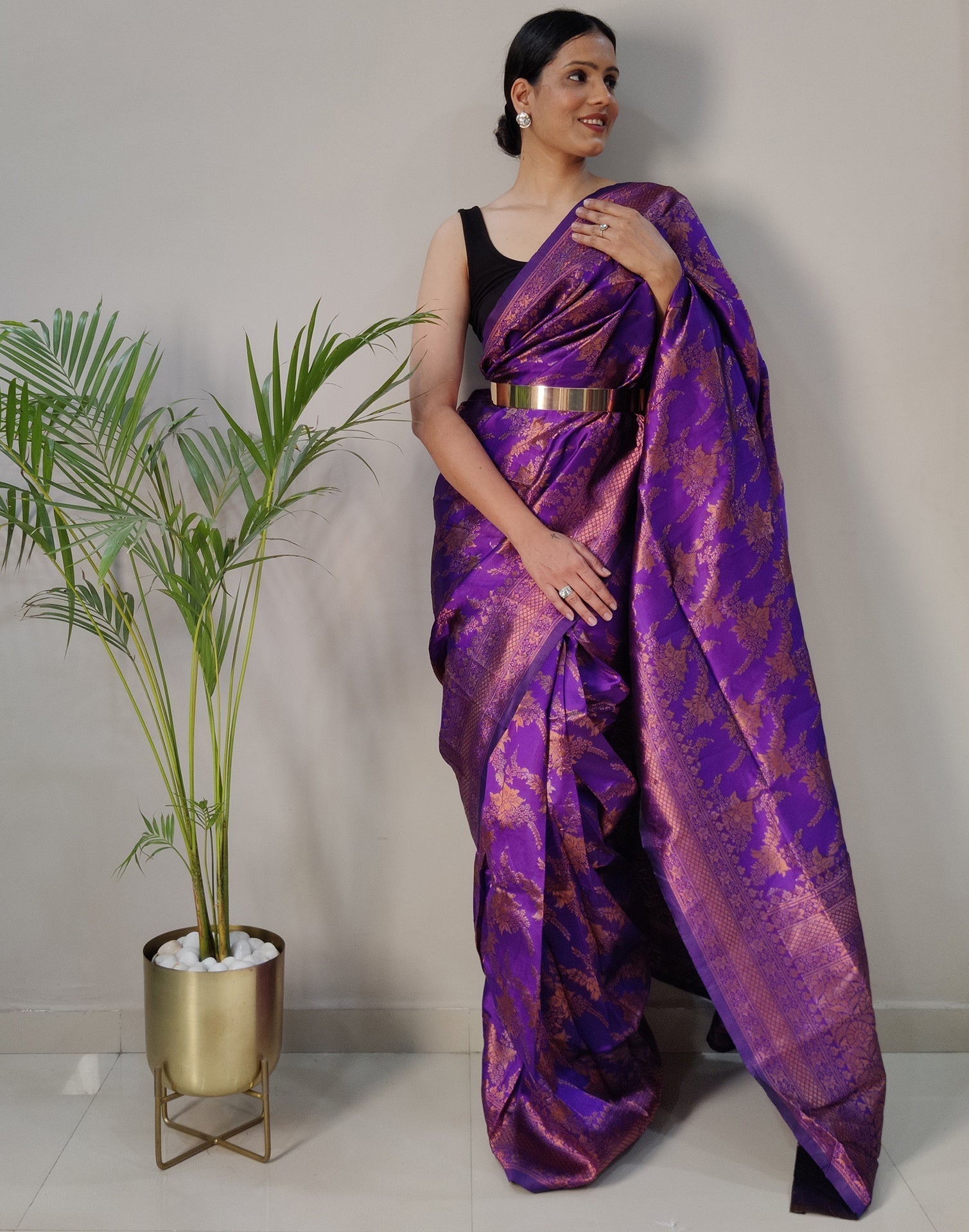 Violet Silk Banarasi Weaving Pre-draped Saree | Sudathi