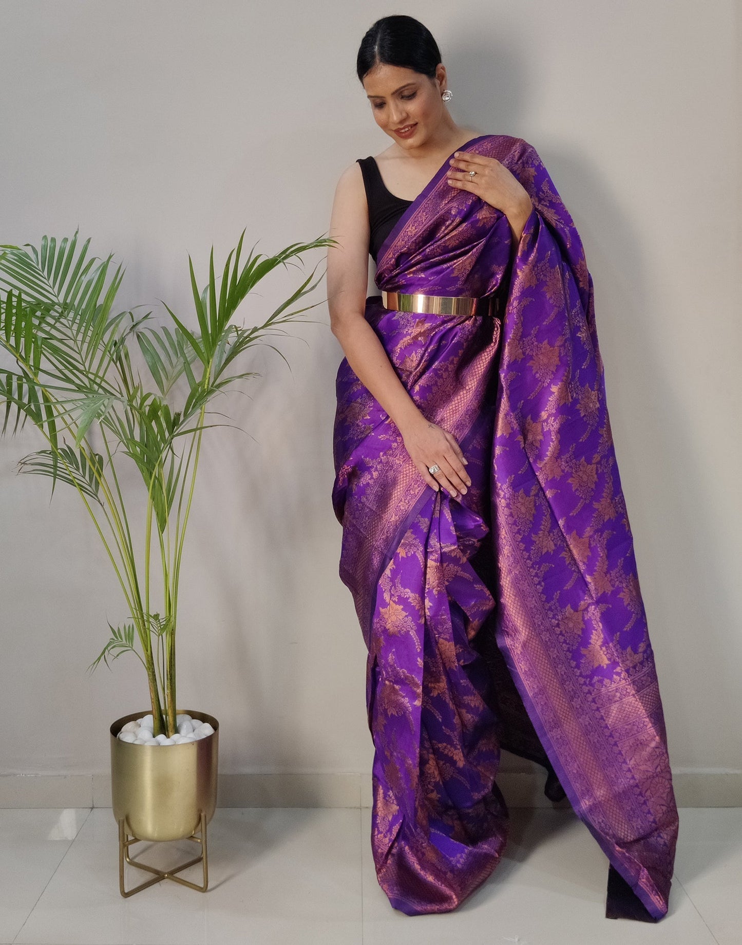 Violet Silk Banarasi Weaving Pre-draped Saree | Sudathi