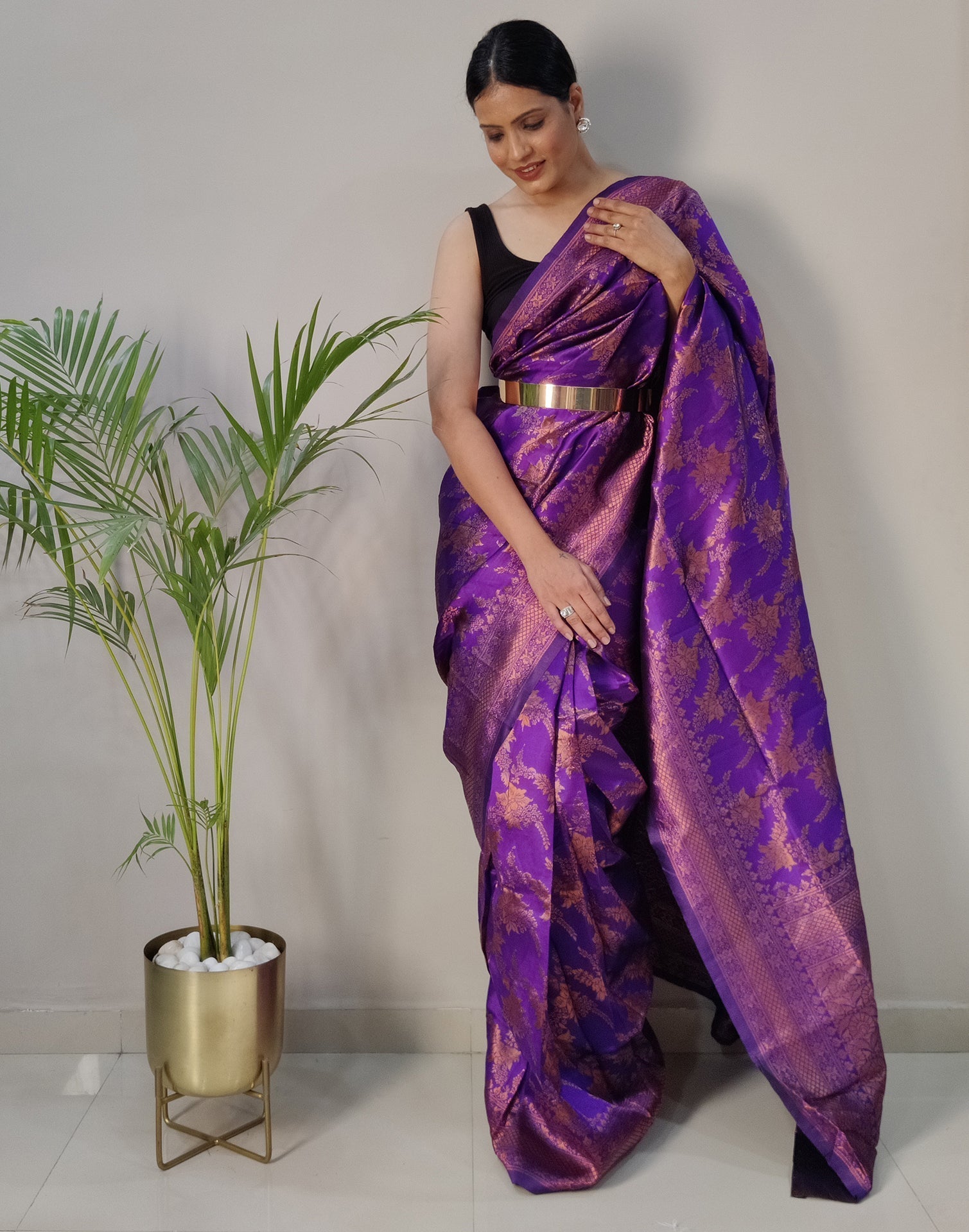 Violet Silk Banarasi Weaving Pre-draped Saree | Sudathi