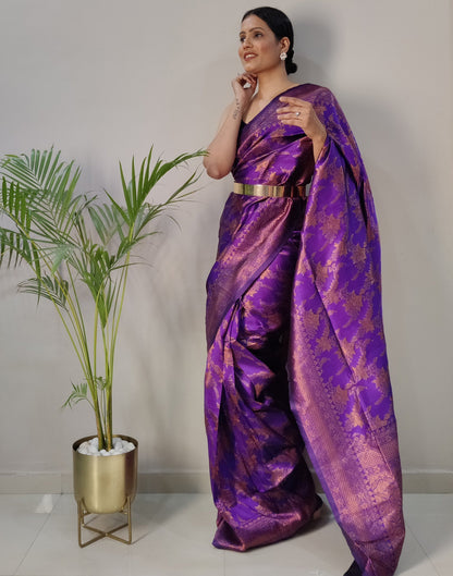 Violet Silk Banarasi Weaving Pre-draped Saree | Sudathi