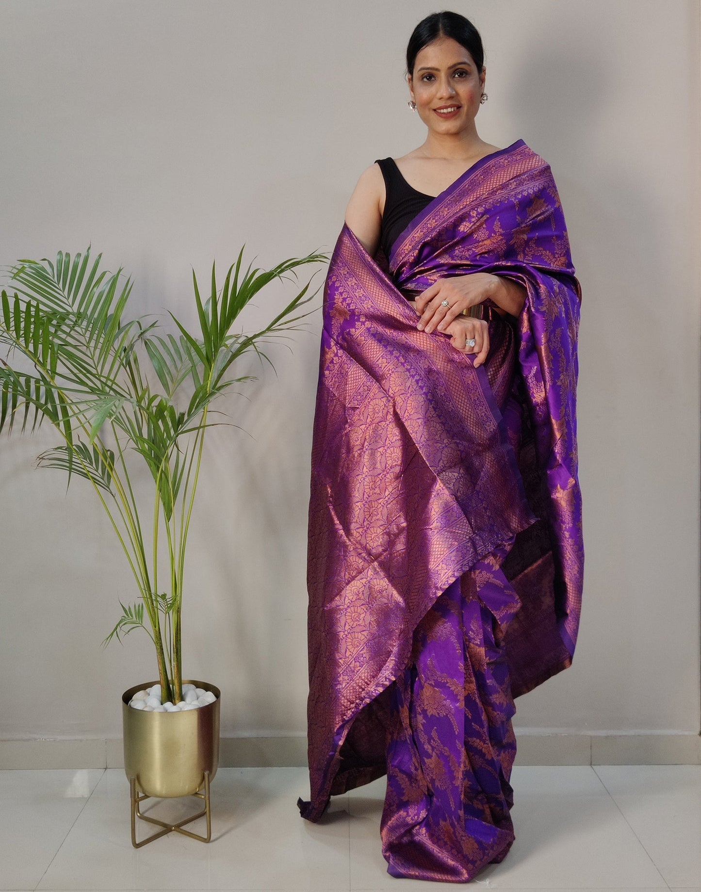 Violet Silk Banarasi Weaving Pre-draped Saree | Sudathi