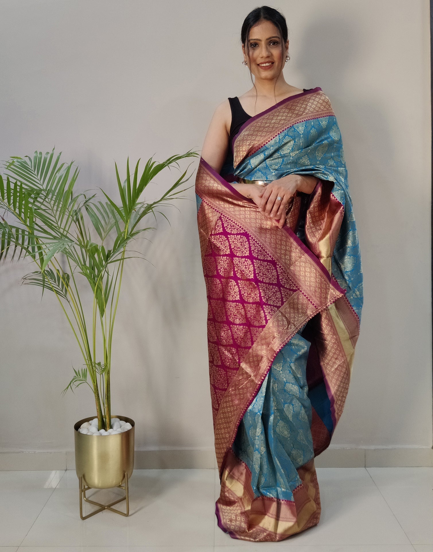 Sky Blue Silk Banarasi Weaving Pre-draped Saree | Leemboodi