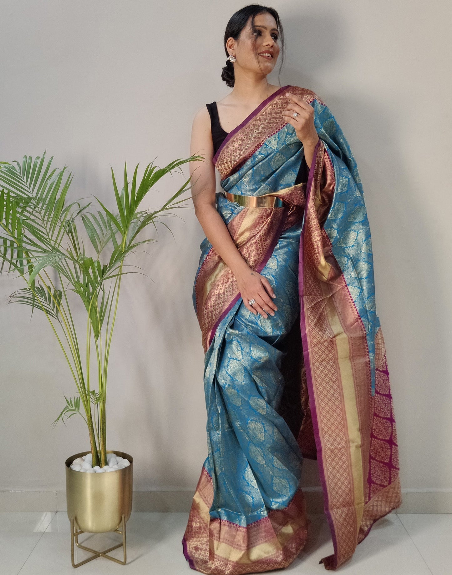Sky Blue Silk Banarasi Weaving Pre-draped Saree | Leemboodi