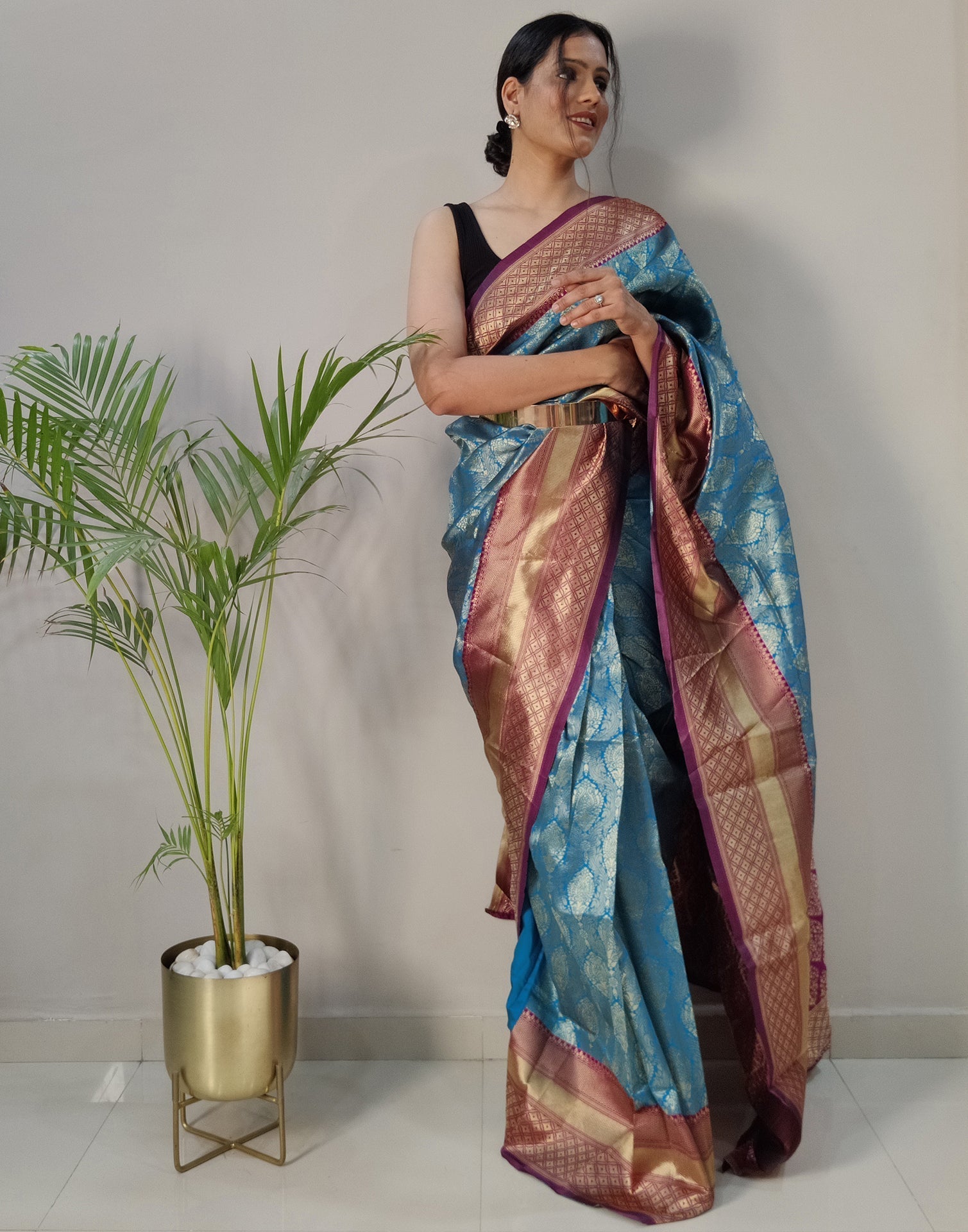 Sky Blue Silk Banarasi Weaving Pre-draped Saree | Leemboodi