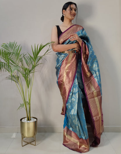 Sky Blue Silk Banarasi Weaving Pre-draped Saree | Leemboodi