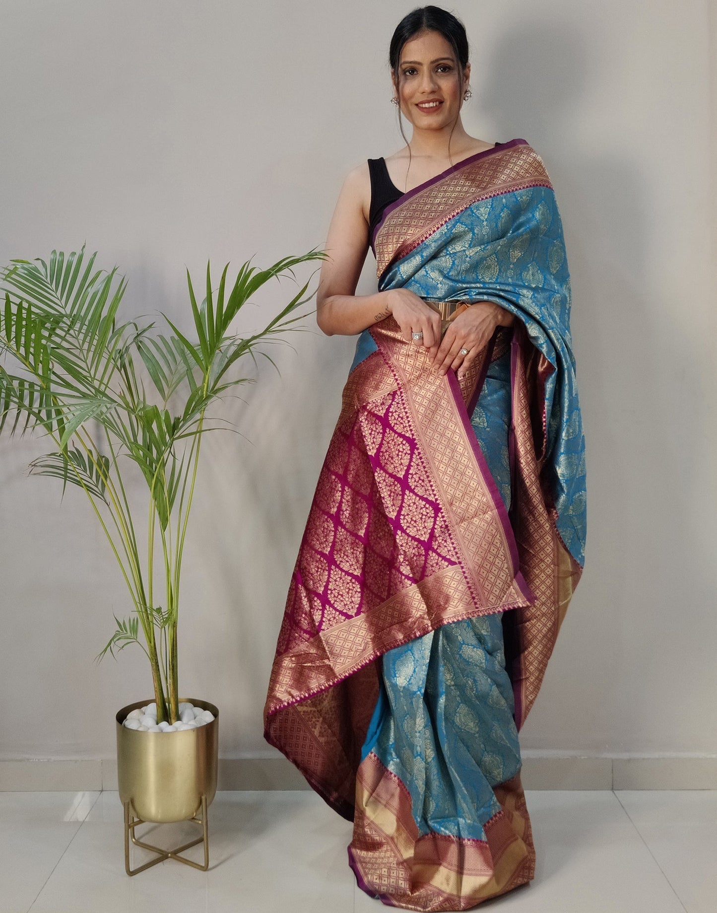 Sky Blue Silk Banarasi Weaving Pre-draped Saree | Leemboodi