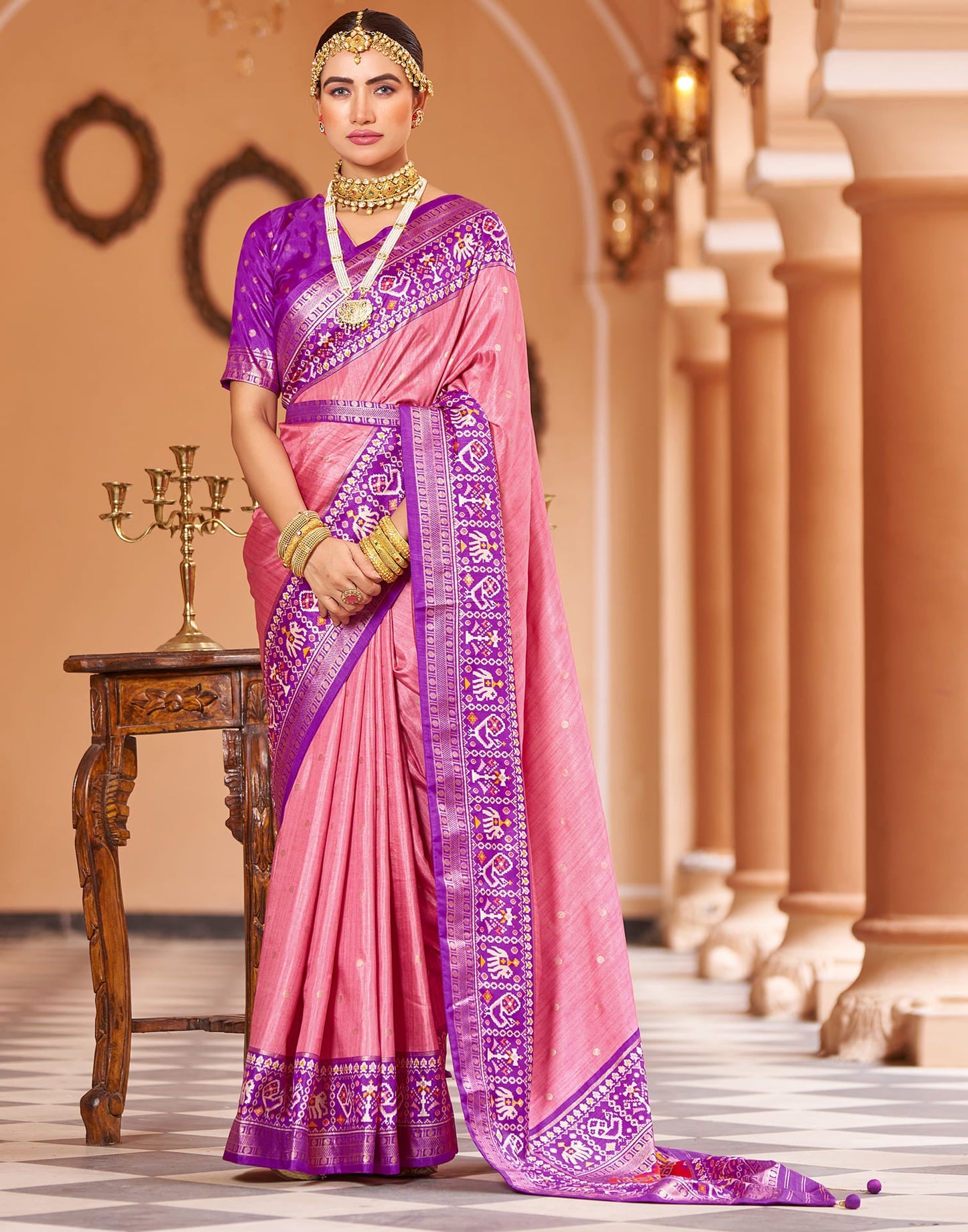 Rose Pink Patola Silk Woven Saree