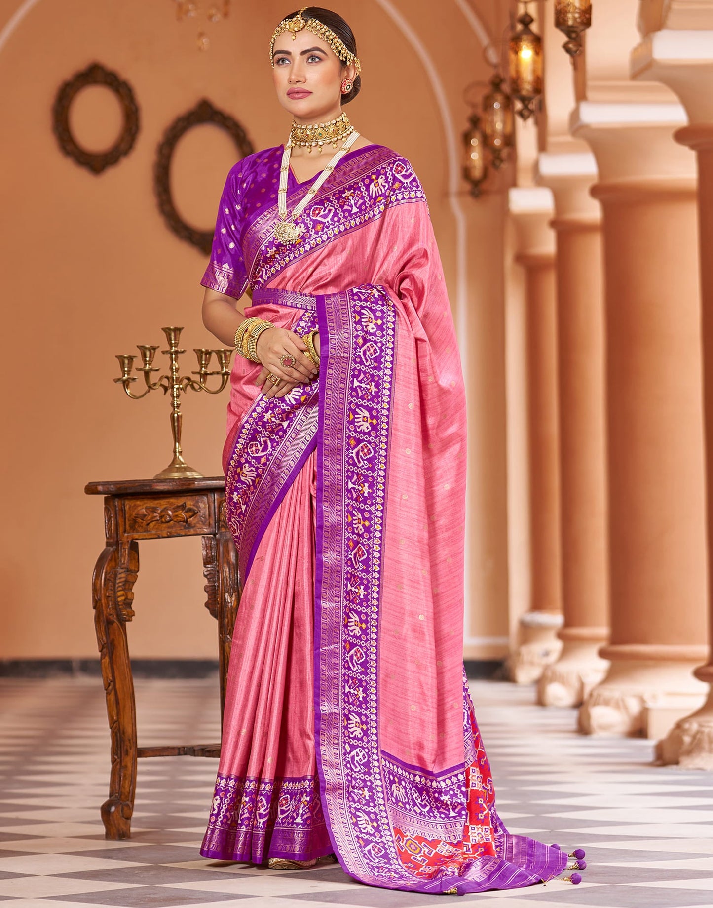 Rose Pink Patola Silk Woven Saree