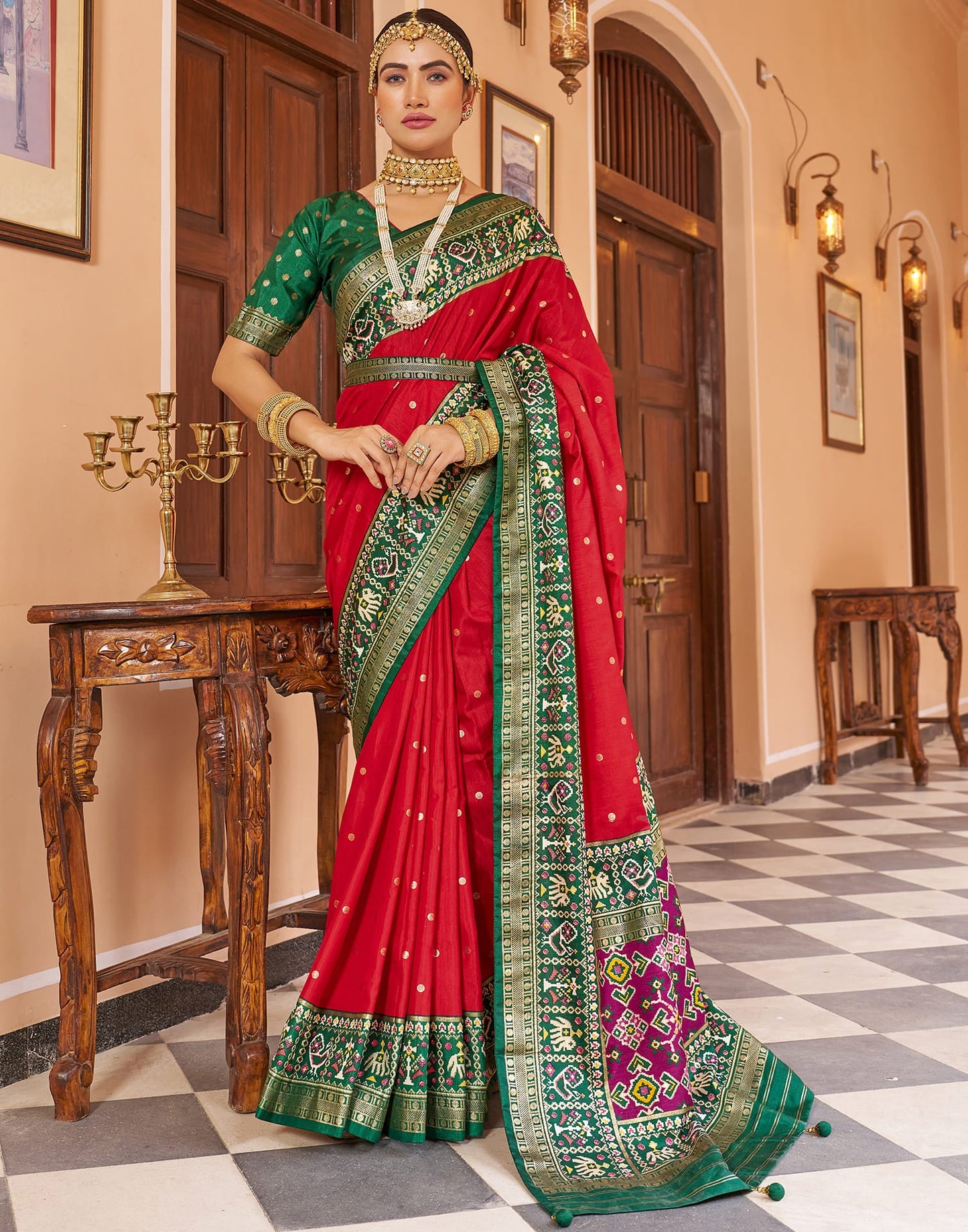 Cherry Red Patola Silk Woven Saree