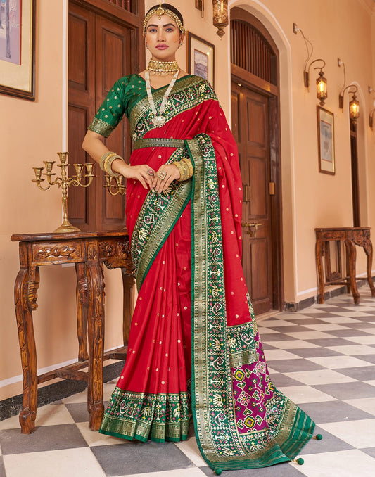 Cherry Red Patola Silk Woven Saree