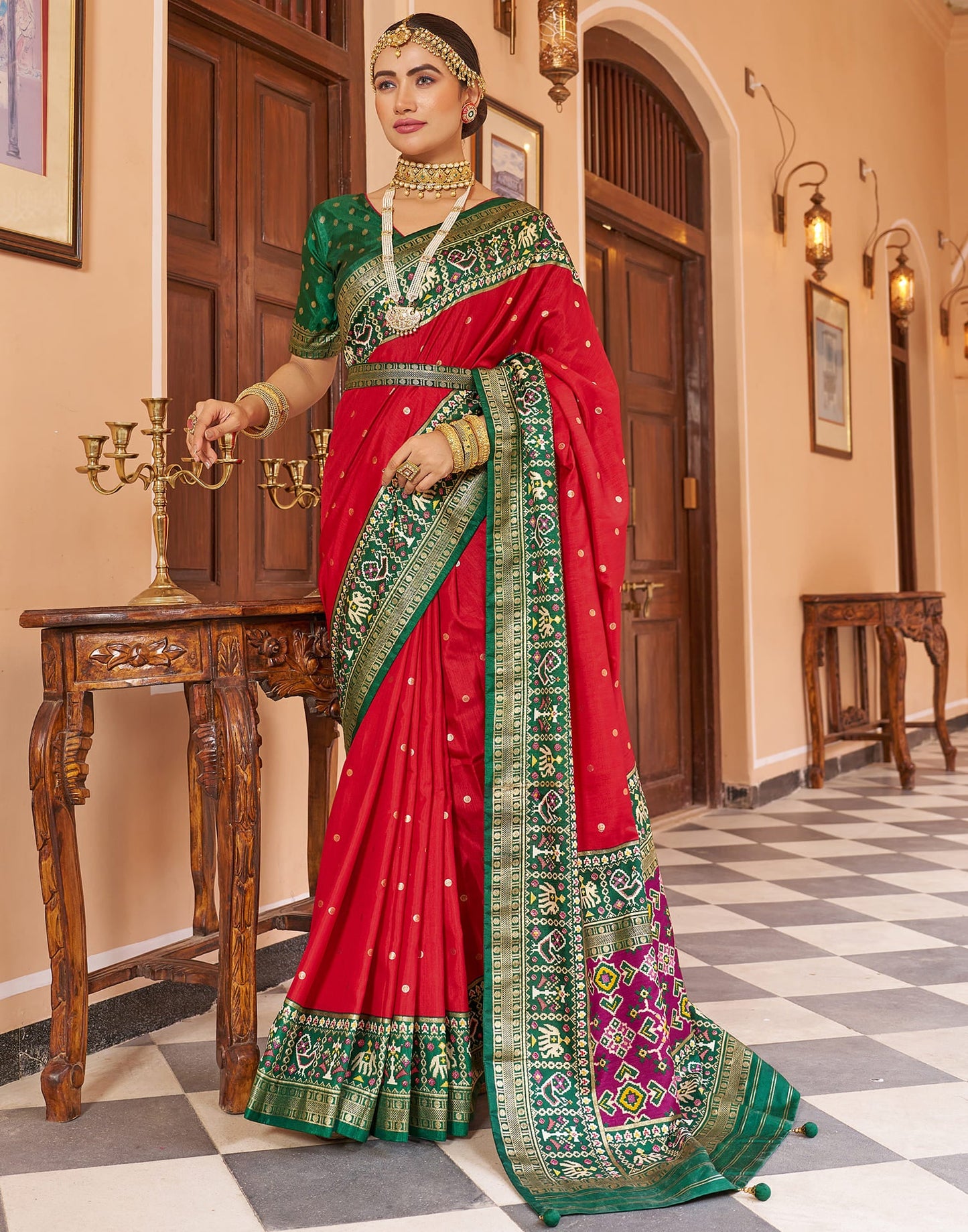 Cherry Red Patola Silk Woven Saree