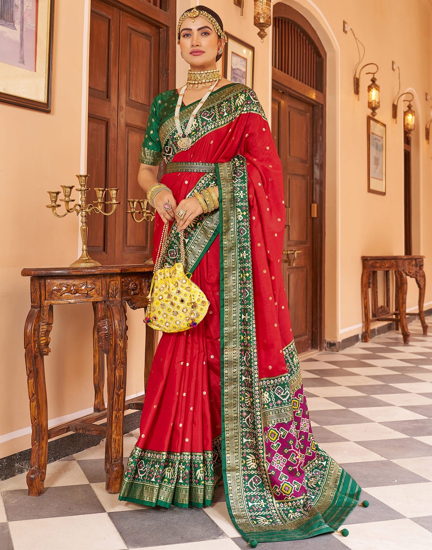 Cherry Red Patola Silk Woven Saree