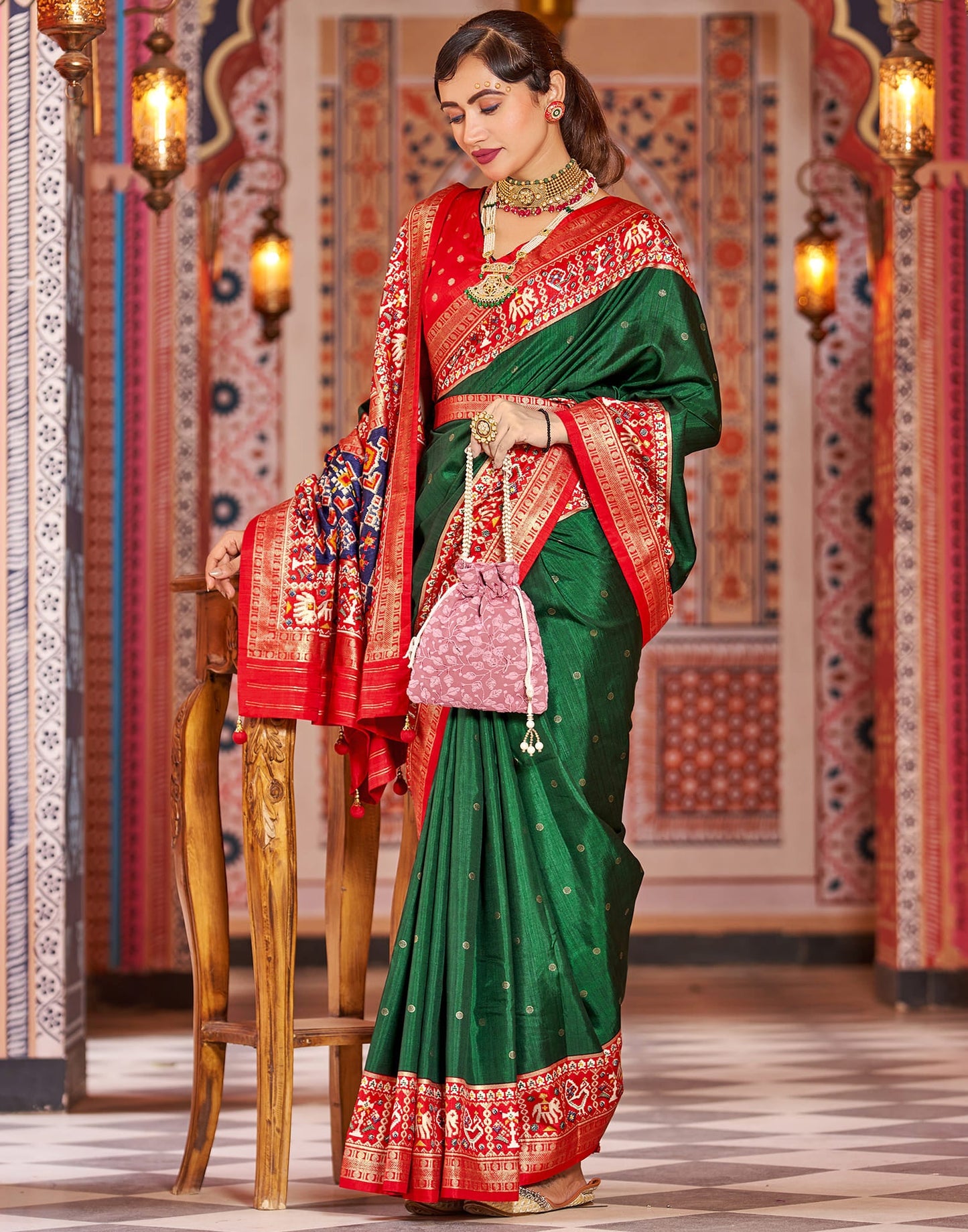 Dark Green Patola Silk Woven Saree