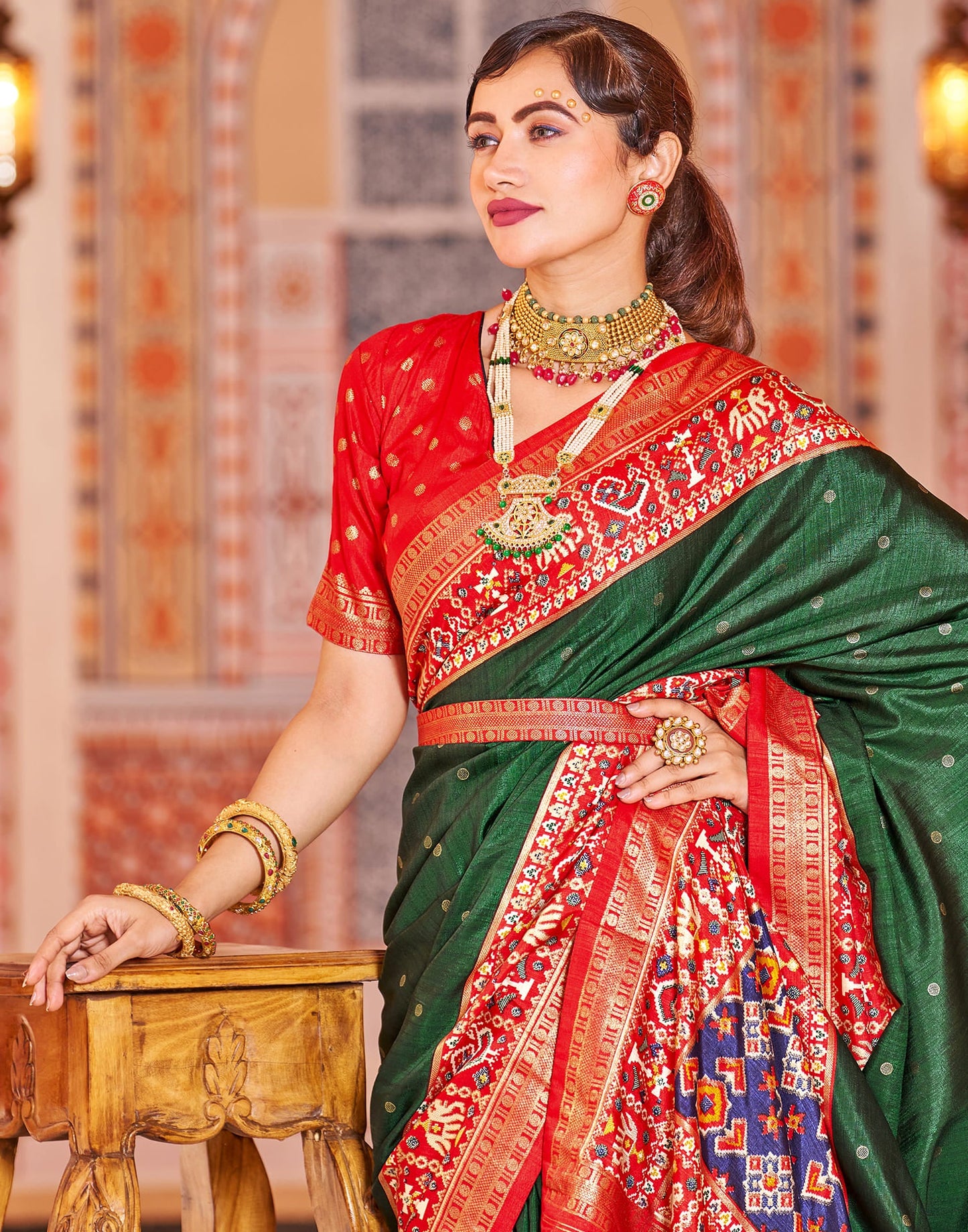 Dark Green Patola Silk Woven Saree