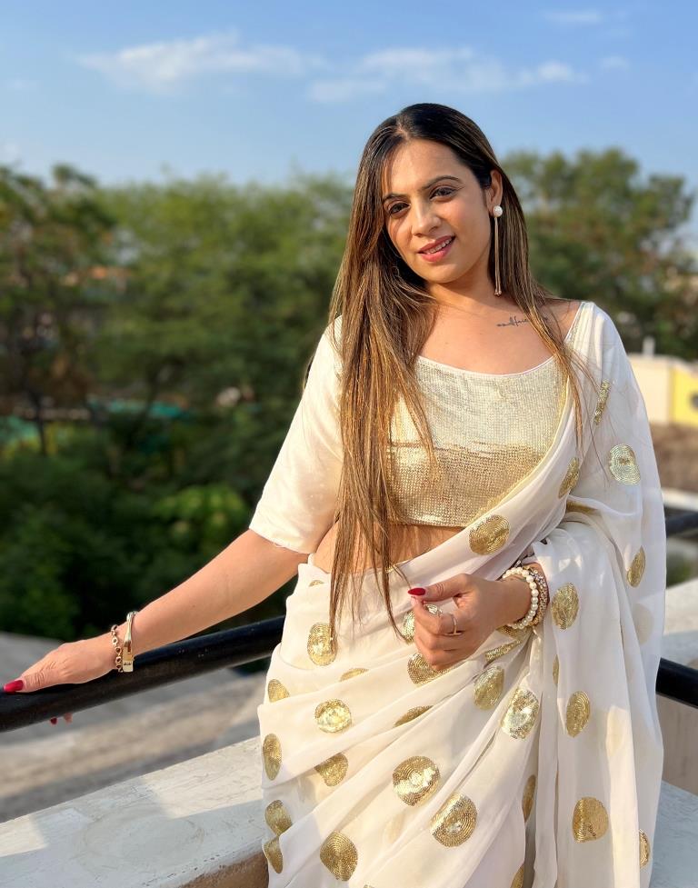 White Georgette Sequence Saree | Leemboodi