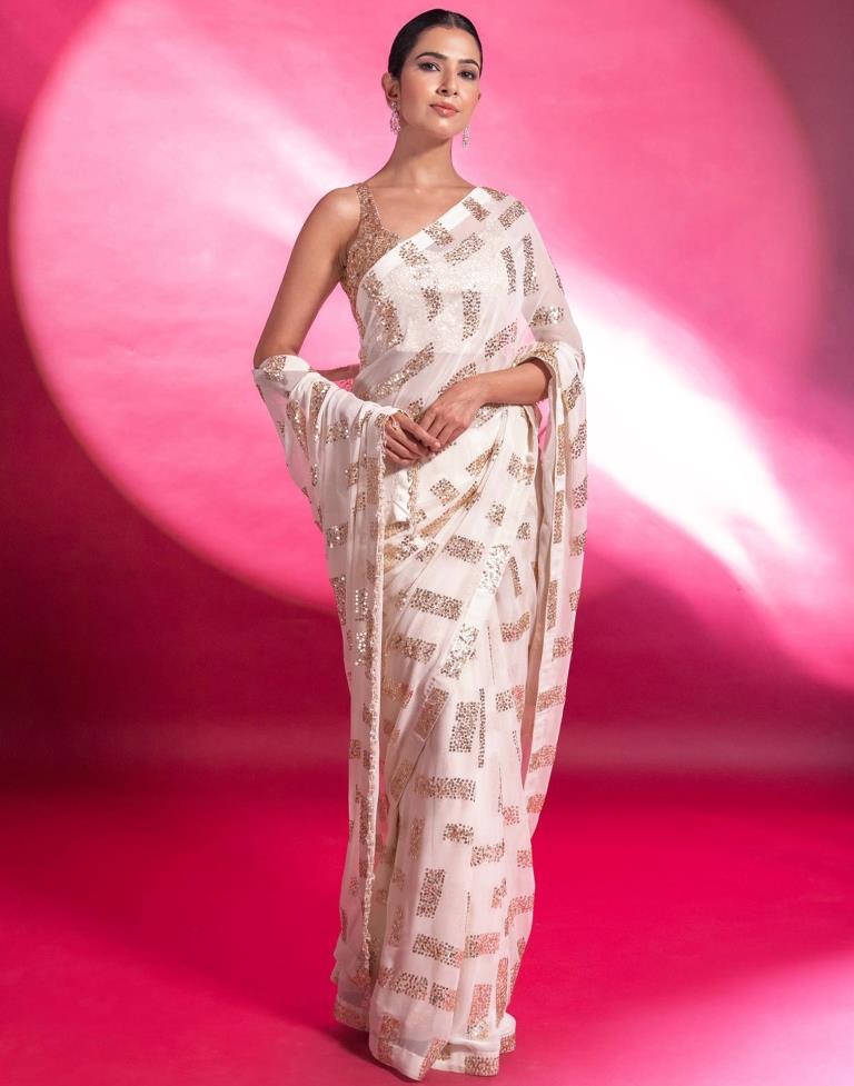 White Georgette Sequence Saree | Leemboodi
