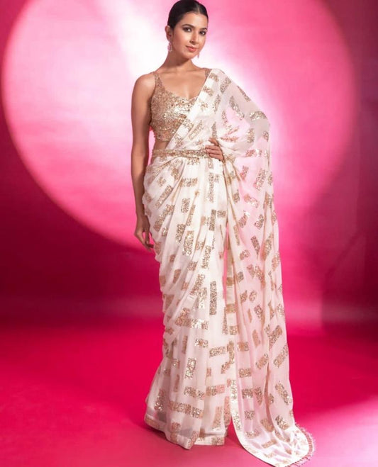 White Georgette Sequence Saree | Leemboodi