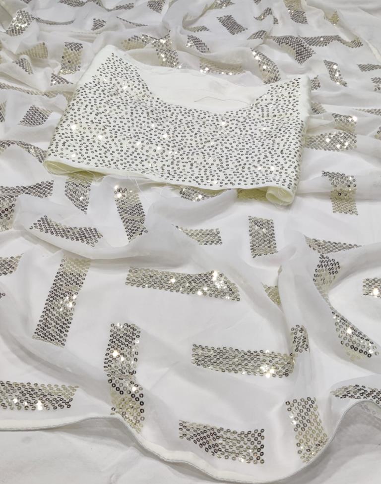 White Georgette Sequence Saree | Leemboodi