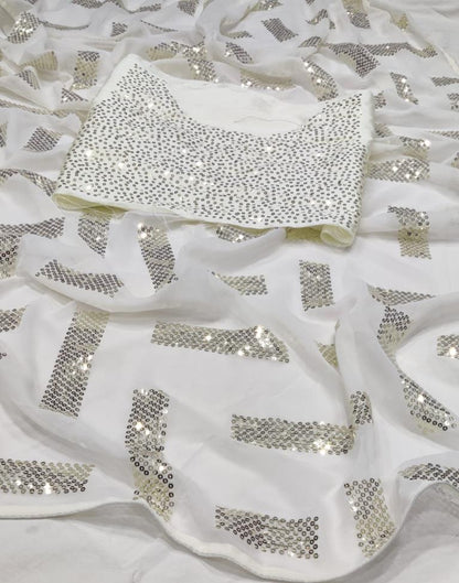 White Georgette Sequence Saree | Leemboodi