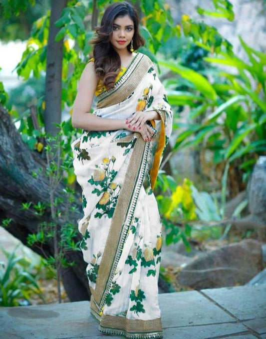 White Polyester Printed Saree | Leemboodi