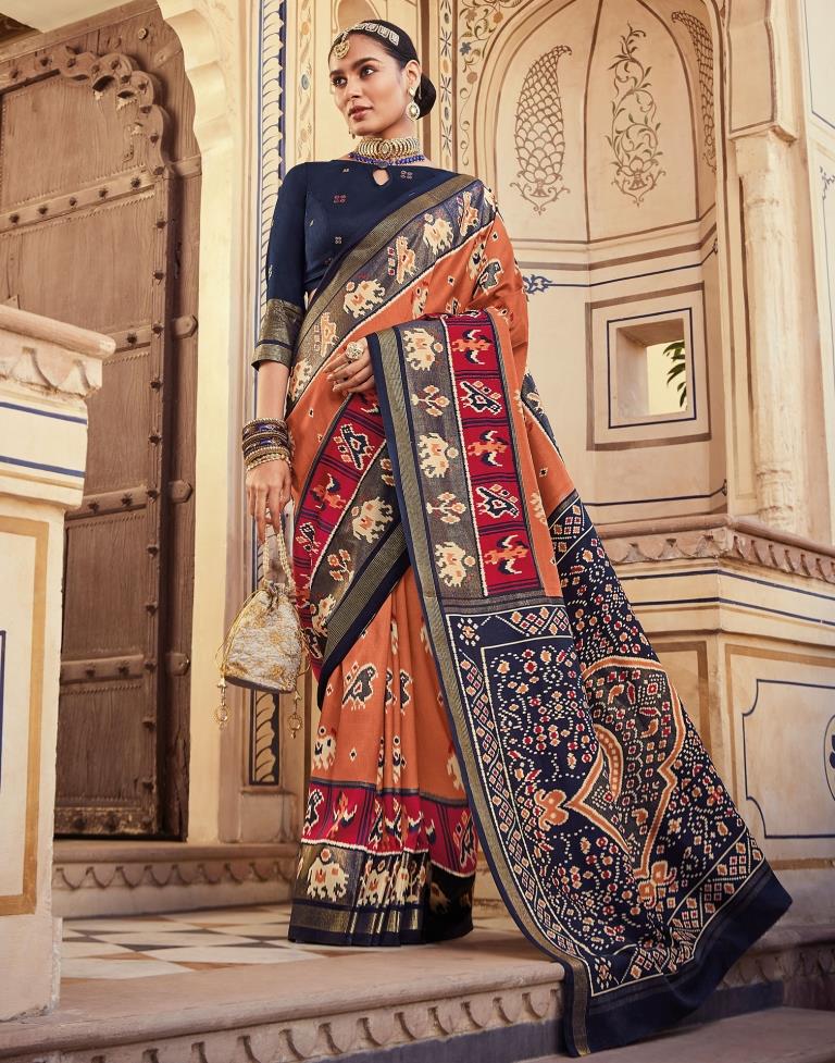 Dark Peach Patola Silk Printed Saree | Leemboodi