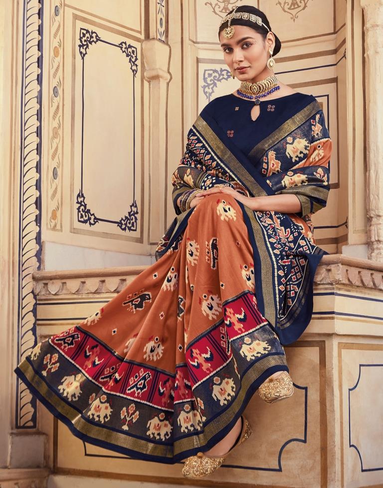 Dark Peach Patola Silk Printed Saree | Leemboodi