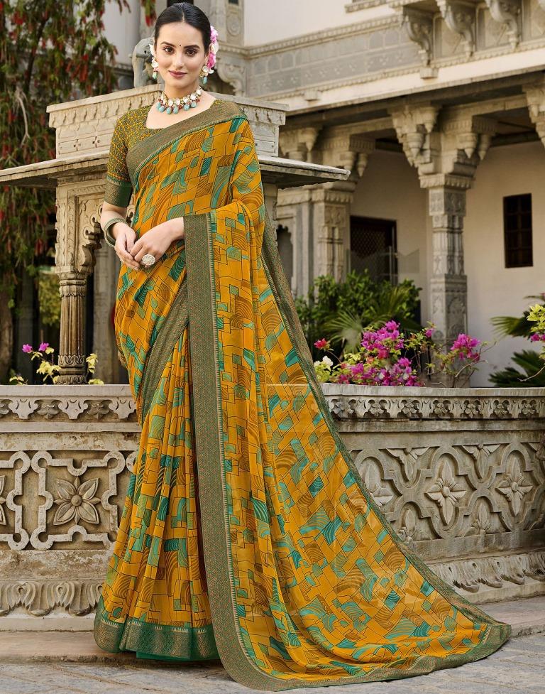 Mustard Yellow Printed Georgette Saree